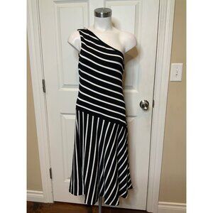 Lauren Ralph Lauren Black White Striped One Shoulder Fit & Flare Dress, Size M